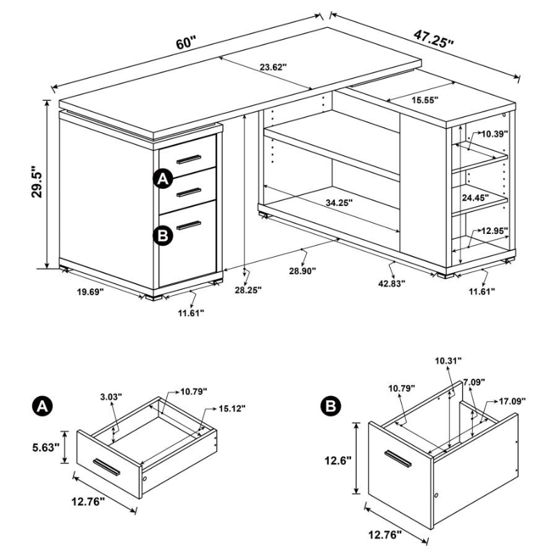 Yvette 60-Inch 3-Drawer L-Shape Computer Desk Grey Driftwood 801516